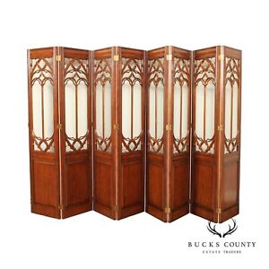 Gothic Revival Style Mahogany And Glass Eight Panel Room Divider Screen