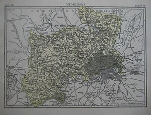 Original 1890 Shire Map Middlesex England Uxbridge Hampstead London Greenwich