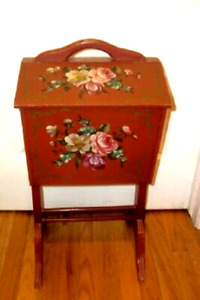 1930s Wood Sewing Box Stand Hp Tole Roses Flowers Red Antique Rare Double Lid