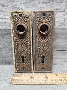 2 Vintage Stamped Steel Skeleton Key Door Knob Back Plates Ornate Salvage 2