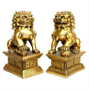 Chinese Brass Copper Statue Foo Dogs Lions Pair