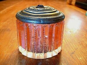 Antique Cranberry Cut Glass Powder Jar With Sterling Cover Sapphire Stone
