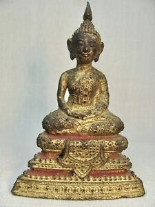 Antique Thai Ratanakosin Bangkok Period Seated Gilt Bronze Buddha Figure
