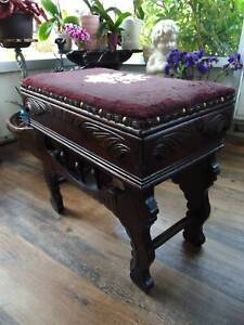 Antique Victorian Needlepoint Bench Carved Wood W Storage Piano Vanity Sewing