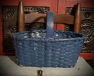 Woven Wood Primitive Egg Berry Gathering Basket Several Layers Of Paint Blue