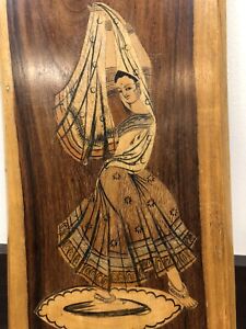 Indian Wall Plaque Hand Carved Wood Panel Of A Woman Dressed In A Sari Dancing