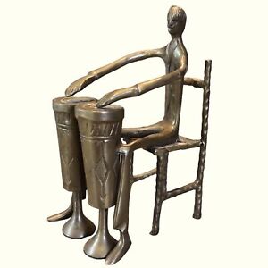 Vtg Mid Century Heavy Brass Sculpture Man On Chair With Congo Drums Mcm Art