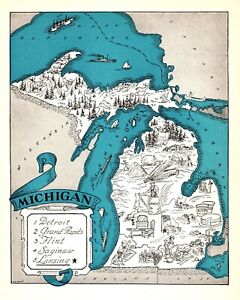 1930s Antique Michigan State Map Rare Animated Michigan Picture Map Blu 1068