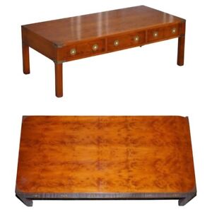 Restored Burr Yew Elm Brass Military Campaign 3 Drawer Coffee Table