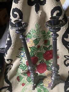 Vintage Silver Plated Pair Large Ornate Candlesticks Candle Holders Tall Column