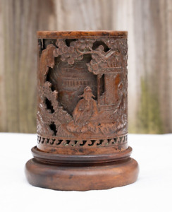Chinese Bronze Brush Pot With Carved Bamboo Cane Decoraged Figures In Pagoda