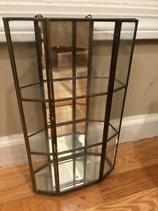 Vtg Brass Glass Tabletop Wall Trinket Display Case Curio Cabinet Mirrored Back
