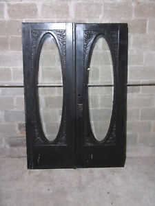  Antique Carved Oak Double Entrance French Doors Oval Beveled Glass Salvage