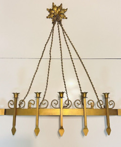 Vintage Large Gold Wrought Iron 5 Candle Wall Sconce W Medallion Chains 30 
