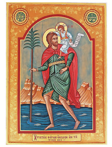 Rare Antique Wood Original Hand Painted Saint Christopher Greek Byzantine Icon