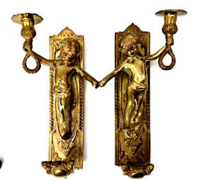 Vintage Italian Solid Brass Bronze Pair Cherub Sconces
