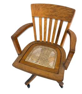 Antique Golden Oak Office Desk Chair Restored With Cane Seat Swivels C1910
