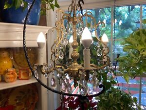 Vtg Spanish Petite Brass Hanging Ceiling Chandelier Crystal Prisms 4 Arms Lights