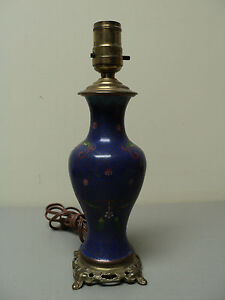 Antique Chinese Cloisonne Enamel On Bronze Table Lamp Cobalt With Floral Design