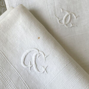 2 Cg Linen Monogram Antique French Hankies Handkerchiefs Fabric For Sewing Proj