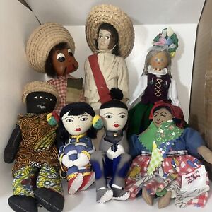 Primitive Folk Art Dolls Handmade Lot 7 Dolls Figures Cultural Unique