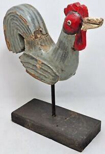 Hand Carved Hard Wood Rooster Figurine On Stand Hand Painted