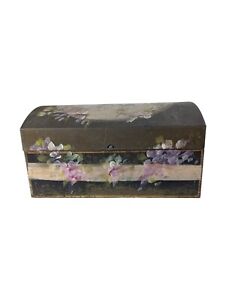 Antique Hand Painted Floral Tole Toleware Tin Domes Jewelry Decorative Table Box