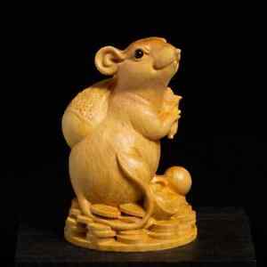 Boxwood Statue Rat Zodiac Lucky Feng Shui Living Room Decorative Wood Carving
