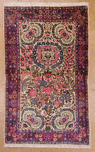 1930s Kermann Ivory Red Floral Hand Knotted Wool Oriental Area Rug 2 11 X 4 9 