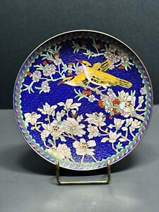 Chinese Republic Birds On Blossoms Cloisonne Blue Enamel Plate Yellow Birds