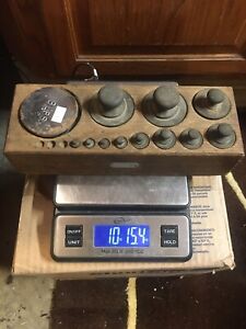 Vintage Brass Scale Weights And Wood Block