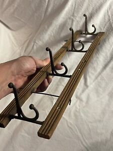 Antique Wood Metal Wall Hanging Coat Hat Rack W Collapsible Swiveling Hooks