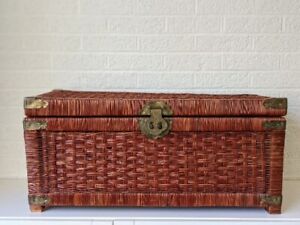Vintage Wicker Campaign Trunk Blanket Chest Late 20th Century Rattan