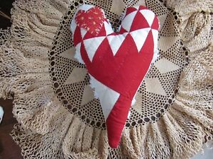Primitive Heart Antique Quilt Rustic Valentine Decor Red White Chenille