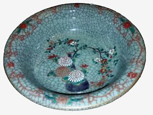 Exceptional Antique Asian Ceramic Celadon Crackle Glaze Enameled Floral Bowl