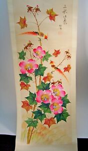 Vintage Chinese Scroll Painting On Silk Paper Vivid Birds And Flowers Signed