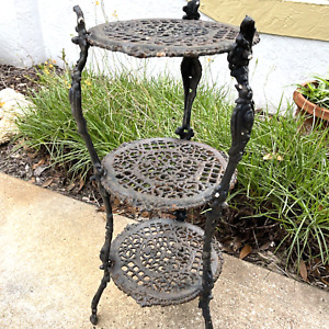Antique Black Cast Iron Victorian Style 3 Tier Plant Stand 27 Tall Shabby