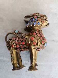 Chinese Cloisonne Foo Dog Verdigris Bronze Brass Beast Lion Statue Vintage