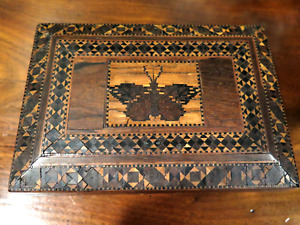 Butterfly Moth Box Tunbridge Ware Antique 19c Marquetry Wood Box Hinged Sewing