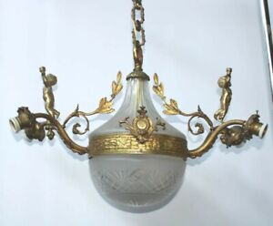 Antique Bronze Crystal Glass Bowl Putti Cherub Angels Chandelier Lamp