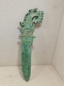 Chinese Ritual Bronze Weapon Ge Spear Inlays Turquoise Dragon Blade Dagger Axe