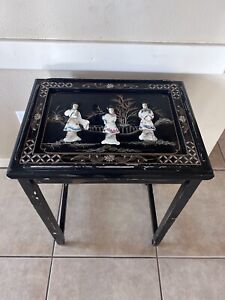 Oriental Black Japanese Furniture Lacquer Wood Side Table Carved Geisha Ladies
