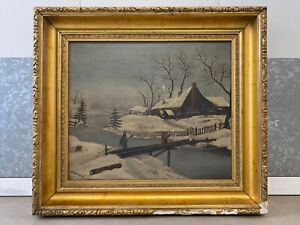  Antique Old 19th C American Folk Art Winter Landscape Oil Painting 1863 