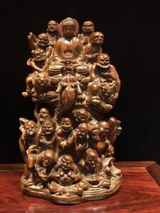 Vintage Antique Wooden Buddha Statue Wood Carved Arhat 18 Buddhist Saints Decor