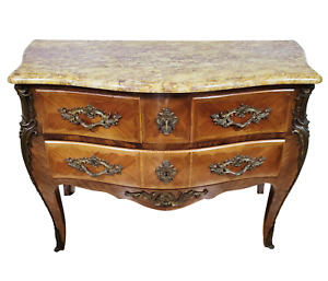 Antique French 19th C Louis Xv Style Inlaid Marble Top Dresser Commode Chest