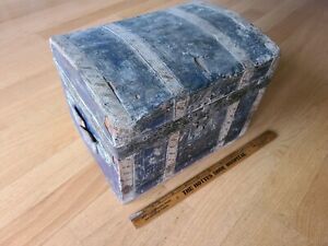 Antique Early Primitive Curved Lid Wood And Wallpaper Doll Child Trunk