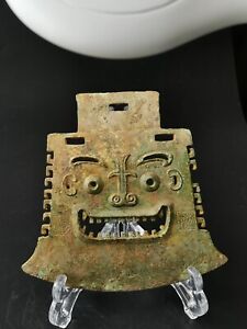 Chinese Bronze Axe God Mask Pattern Ritual Bronze Sacrifice Yue Fete Weapon 