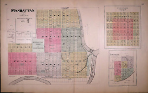 1887 Plat Map Manhattan Riley Co Kansas 17x28 Free S H 338