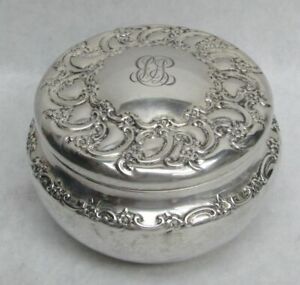 Vintage Tiffany Co 1896 Sterling Silver Repousse Powder Jar Puff