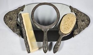 Antique Dresser Set Mirror Brush Comb Mirrored Vanity Perfume Tray